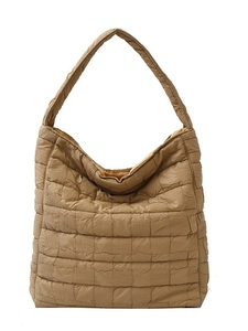 Camel quilted tote bag with padded square stitching and large capacity for commuting