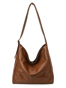 Retro brown large capacity PU leather tote bag with soft hobo silhouette and wide strap