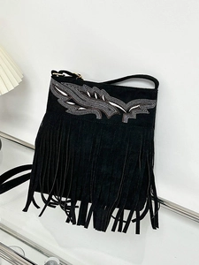 Bolso de Hombro Vintage Bohemio con Flecos para Mujer en Cuero Sintético Efecto Ante Bordado de Alas Borla Bolso Bandolera Estilo Étnico