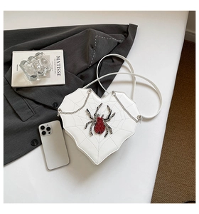 Detailansicht der herzförmigen Handtasche mit weißem Spinnennetzmuster und Strass-Spinne
