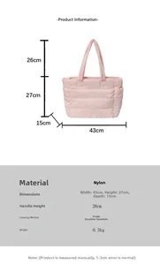 Detailed size specifications for pink quilted nylon tote bag with 26cm handle height