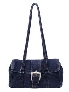 Sac bandoulière en denim délavé rétro avec boucle argentée et coutures contrastées