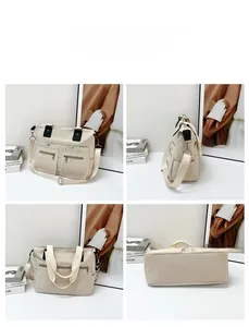 Vues détaillées du sac cabas beige en nylon grande capacité avec poches et bandoulière