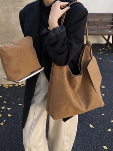 Women Large Capacity Tote Bag Vintage Suede PU Leather Shoulder Bag Contrast Stitching Casual Commuter Bag With Pouch