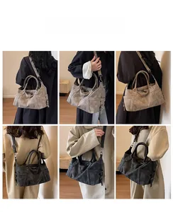 Detail showing vintage tote bag with matte leather texture and adjustable strap in multiple views