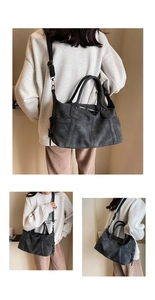 Detailed views of a dark grey matte leather tote bag from front, back and side angles