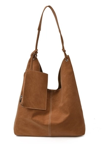 Brown vintage faux suede tote bag with white stitching and small matching coin purse