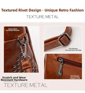 Détails du sac rétro en cuir ciré marron avec rivets métalliques et crochets robustes