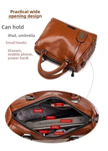 Vue détaillée de l'intérieur du grand sac marron vintage avec rivets et grand espace