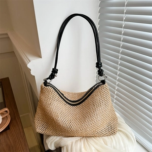 Sac à Épaule Casual en Paille Tissée pour Femmes Été Plage Voyage Sac Hobo Avec Sangle en Cuir Synthétique Fermeture Éclair