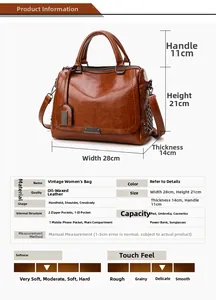 Détails du sac cabas vintage en cuir ciré montrant les dimensions et le rangement interne
