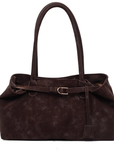 Bolso tote retro marrón oscuro en cuero mate con correas decorativas y hebillas de oro