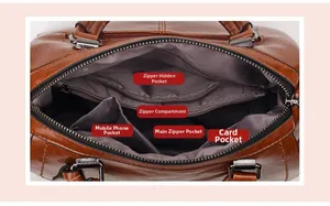 Vue détaillée de l'intérieur du sac en cuir marron avec plusieurs compartiments de rangement