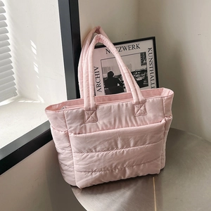 Women Large Capacity Quilted Puffer Tote Bag Lightweight Nylon Padded Shoulder Bag Solid Color Commuter Handbag For Ladies