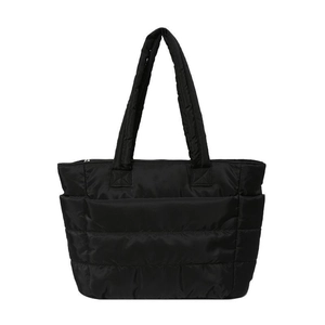 Minimalist black quilted nylon tote bag with large capacity and zip closure for commuting