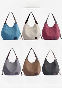 Collage of multi-compartment canvas handbags in six stylish colors with leather handles