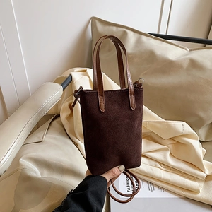 Vintage dark brown suede mini tote bag with top handle and crossbody strap