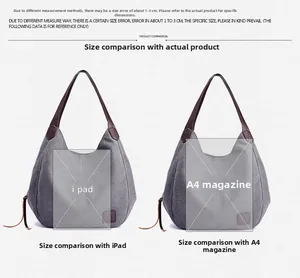 Size comparison of the canvas tote bag showing it fits an iPad and A4 magazine comfortably