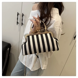 Detailed close-up of a striped weave crossbody bag with a vintage gold metal handle