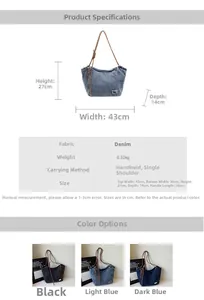 Detailed size chart of large denim tote bag showing measurements and three color options