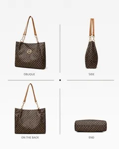Detailed four-angle view of khaki monogram tote bag with gold chain strap