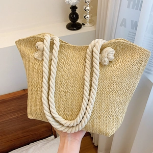 Sac Tote en Paille Tissée pour Femmes Mode d'Été Grande Capacité Sac à Bandoulière de Plage Avec Poignées en Corde de Coton
