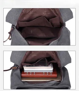 Detail view of multi-compartment canvas bag interior showing large storage capacity