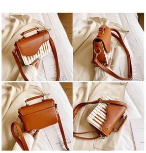 Detailed views of the brown piano key bag showing front, side, back and top perspectives