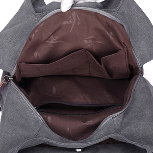 Deep grey canvas tote bag interior view showing multi-pocket compartments and brown lining