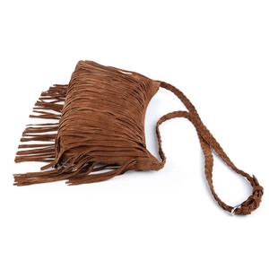 Bohemian brown suede shoulder bag with dense fringe tassels and braided strap detail