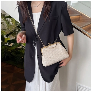 Chic beige straw shell bag with metal clasp and chain strap shown on a model