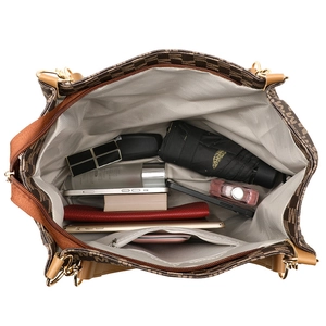 Brown monogram tote bag with large capacity showing essentials like phone and perfume