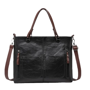 Schwarze Retro-Tote-Bag mit braunen Trägern, große Umhängetasche für Damen