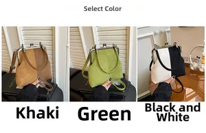 Drei Retro-Bügelhandtaschen in den Farben Khaki, Grün und Schwarz-Weiß zur Auswahl