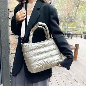 Champagne gold quilted down tote bag with metallic finish and detachable strap