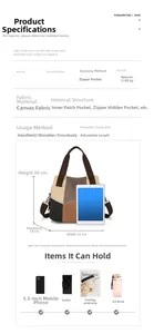 Detailed size specifications for canvas tote bag showing dimensions 33x30x14cm and features