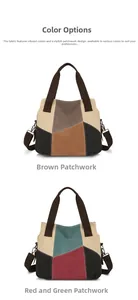Detail view of large canvas tote bags in multi-color block stitching and brown straps