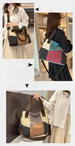 Detail view of large canvas tote bag with multi-color patchwork and adjustable strap