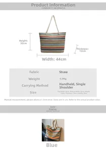 Dimensions détaillées du grand sac de plage rayé en paille tressée avec ses mesures