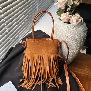 Vintage Bohemian Fringe Shoulder Bag For Women Retro Suede Synthetic Leather Tassel Handbag Crossbody Bag Adjustable Strap