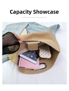 Top view of beige PU leather tote bag showing large capacity for laptop and essentials