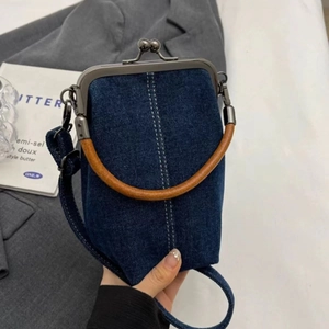 Vintage Denim Kiss-Lock Mobile Phone Bag For Women With Wood Handle Stitching Detail Casual Crossbody Handbag For Daily