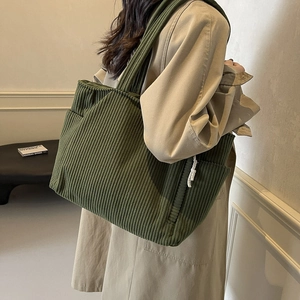 Borsa tote retrò in velluto a coste verde scuro con grande capacità e tasca laterale