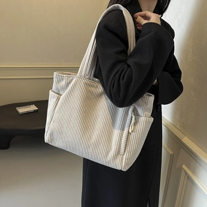 Borsa tote minimalista in velluto a coste beige, capiente borsa a spalla per l'uso quotidiano