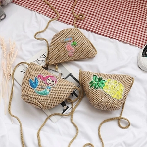 Handgewebte Kinder Stroh Umhängetasche Sommer Strand Pailletten Meerjungfrau Flamingo Ananas Muster Mini Schultertasche Mädchen