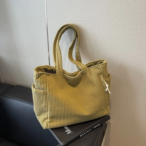 Borsa tote in velluto a coste verde oliva con tasche laterali, capiente borsa a tracolla casual