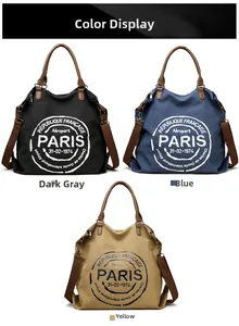 Detail view of large canvas tote bags in gray, blue, and yellow with retro Paris prints