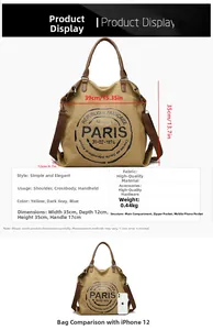 Detailed view of khaki canvas tote with dimensions 35x35x12cm and iPhone size comparison