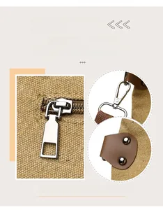 Detail of khaki canvas bag showing premium silver metal zipper and spring hook hardware