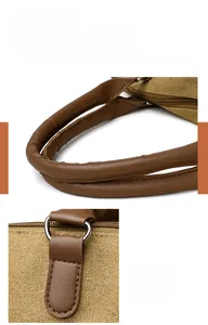Close-up of yellow canvas tote bag featuring brown leather handles and sturdy metal hardware